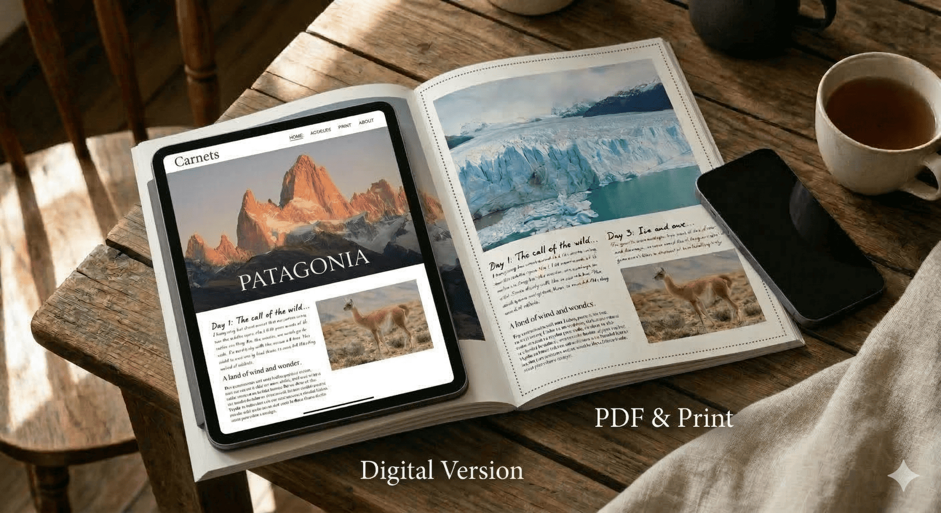 Magazine-style spread of a travel journal about Patagonia